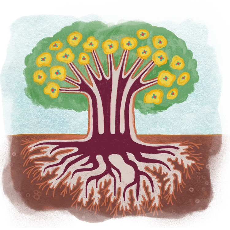 A painted tree in full flower: pale roots spreading through brown soil, a maroon trunk, and branches reaching into a green canopy with twenty yellow flowers.